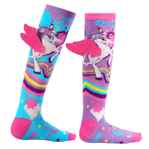 Queenshin Lustige Regenbogen Einhorn Mädchen Kniehohenstrümpfe mit 3D Flügel Niedliche Cartoon Asymmetrische Kindersocken Lange Strümpfe Weiche Atmungsaktiv Geschenk für 3-13 Jahre
