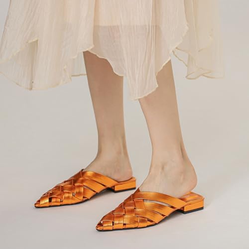 Low Block Heel Slingback Pointed Toe Braid Women Slippers4