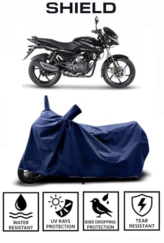 Image of Shield Heavy Duty Bike Cover for Bajaj Pulsar 150 | All-Season, Tear-Proof Fabric | with Side Mirror Pocket & Buckle Belt | Bajaj Pulsar 150 Bike Cover (Blue)