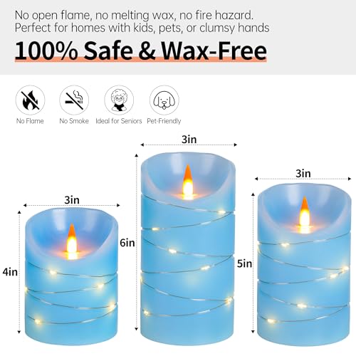 Image of Rechargeable LED Candles, Real Wax, 4 5 6 in, Sky Blue, 3 Pack | USB Rechargeable Real Wax Candles with Remote, Timer and Star Lights