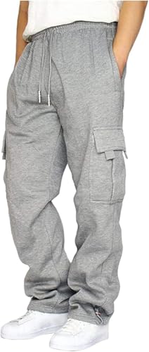 Mens Cargo Sweatpants Drawstring Casual Hiking Pants Joggers Athletic Trousers Cotton Loose Straight Pants for Men