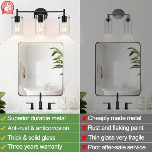 Indoi Bathroom Light Fixtures, 3-Light Matte Black Vanity Light, Black Bathroom Lights Over Mirror with Clear Glass Shade, Wall Sconces for Mirror Bedroom Living Room Hallway