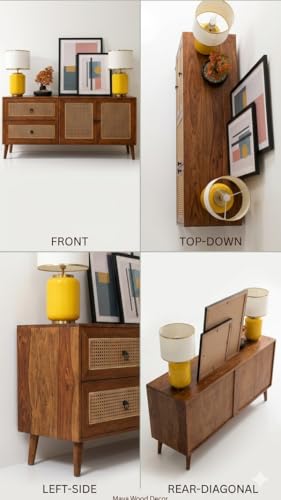 Image of Solid Sheesham Wood Sideboard Cabinet For Living Room | Wooden Cane Design Cabinet With 2 Drawers & 2 Door Storage | Mid Century Modern Sideboard For Hallway, Office, & Lounge | Natural Finish