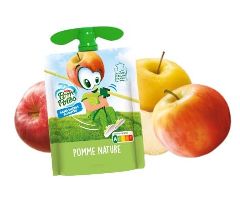 Pom'Potes Compota de Manzana Natural Sin Azúcares Añadidos, Origen Francia, Pack 12 Unidades x 90g, Puré de Fruta, Temperatura Ambiente