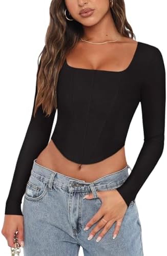 REORIA Womens Trendy Sexy Square Neck Long Sleeve Backless Y2K Going Out Boned Bustier Corset Crop Tops