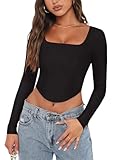 REORIA Womens Sexy Casual Square Neck Long Sleeve Backless Shirts Y2K Trendy Going Out Party Club Night Boned Bustier Corset Crop Tops Black Small