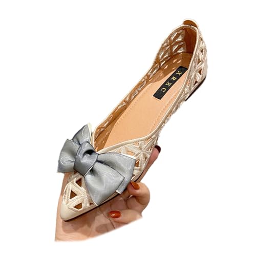 Women'S Hollow Leather Bow Breathable Ballet Flats,Fashion Pointed Toe Slip-On Comfortable Soft Sole Casual Shoes,for Office Work Walking Shoes