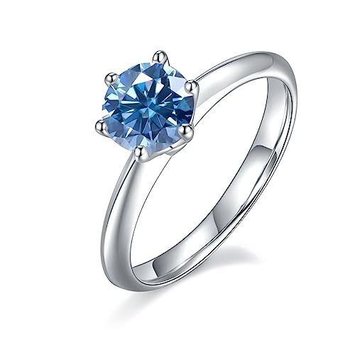 Gem's Beauty Blue Moissanite Rings 0.5CT/1.0CT/1.5CT/2CT/3CT/5CT D Color Round 6 Prong Blue Moissanite Engagement Rings 925 Sterling Silver Diamond Rings for Women Wedding (Size 5-10)2