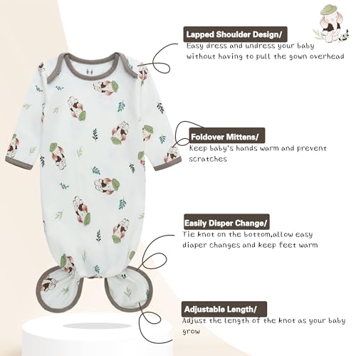 Miracle Baby Newborn Knotted Gown with Hat Set, 3 Pack Newborn Nightgowns, Baby Sleeper Gowns with Mitten Cuffs for Boys Girls 0-6 Months2