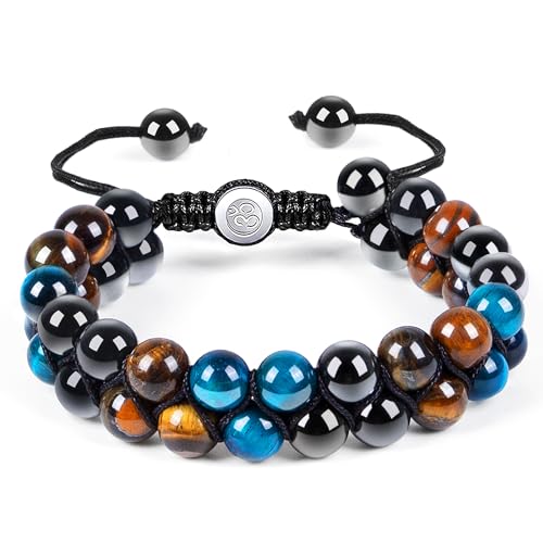 Triple Protection Bracelet - 8mm Blue Tiger Eye, Obsidian & Hematite Natural Crystal Gemstone Healing Bracelet Brings Good Luck, Health & Happiness - Ideal Gift