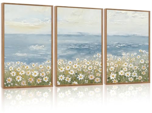 TOARTi Large Framed Coastal Wildflower Canvas Wall Art Set,Watercolor Beach Daisy Flower Ocean Wall Decor,Nature Seaside Landscapes Art Prints for Farmhouse Home Living Room Bedroom Office-16”x24”x3
