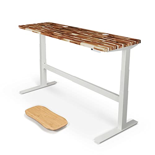 Image of UPLIFT DESK Acacia Butcher Block (72 x 24 inch) Standing Desk 2-Leg V2-Commercial Adjustable Stand Up C-Frame (White), Advanced Keypad, Wire Grommets, Wire Tray, Rocker Board