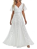 Ever-Pretty Robe de Mariée Pas Cher Paillettes et Tulle A Line Col V Manches Courtes Blanc 38