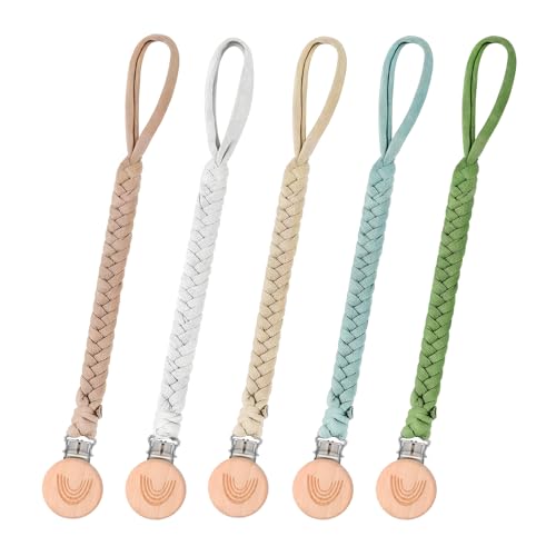 5er-Pack Baby-Schnullerketten, Schnullerketten aus Holz, Schnullerbänder, Handgewebt, Weiche Baumwolle, Verhindert das Herausfallen des Schnullers, Geeignet für Kinderwagen, Babyschalen und Autositze