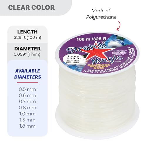 Image of Stretch Magic Bead & Jewelry Cord - Strong & Stretchy, Easy to Knot - Clear Color - 1mm Diameter - 100-meter (328 ft) Spool - Elastic String for Making Beaded Jewelry - Bonus Hypo Cement Glue