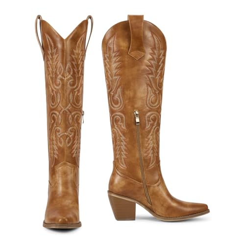 wetkiss Womens Tall Cowboy Boots Side Zipper Ladies Cowgirl Knee High Boots,Comfortable Retro Vintage Embroidery Pointed Toe Block Chunky Heel2