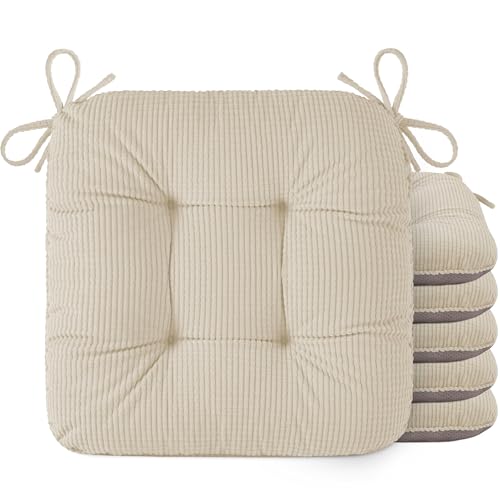 OVOV Chair Cushions for Dining Chairs Set of 6 Chair Cushion with Ties and Non-Slip Backing Tufted Thick Kitchen Chair Pads Made of Soft Fabric 42x40x8cm/17x16x3inch (Beige)