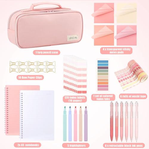 Lincia 45 Pcs Pink School Supplies Aesthetic with Cute Pen Case Notebooks Highlighters Gel Pens Sticky Notes Index Tab Clips Washi Tapes Back to School Pastel Stationery Set - Image 3
