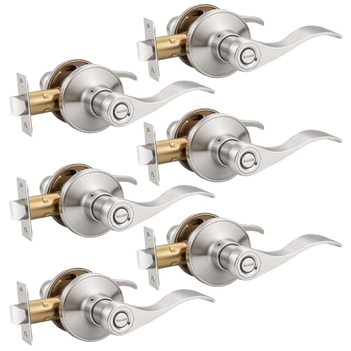Knobonly 6 Pack Brushed Satin Nickel Door Lever Privacy Door Handles, Zinc Alloy Door Handle Interior, Keyless Lock for Bedroom or Bathroom
