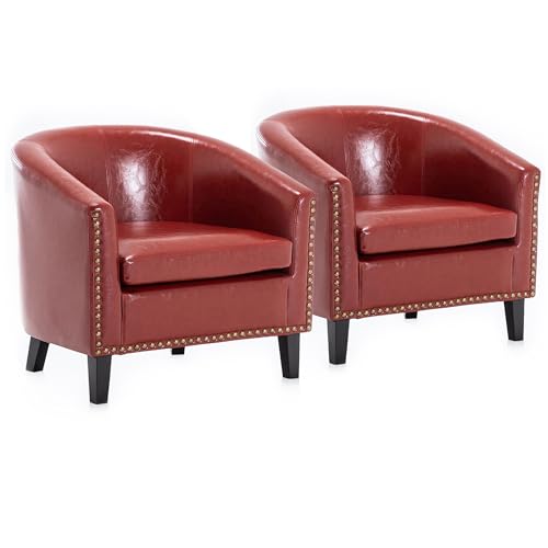 Image of BELLEZE Accent Barrel Chairs Set of 2, Modern Tub Club Chairs Upholstered Armchairs for Living Room, Faux Leather Chairs with Gold Nail Head Trim Black Legs - Kyara (Red)