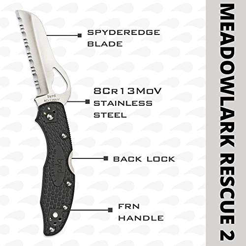 Image of Byrd Meadowlark 2 Rescue Lightweight Folding Pocket Knife, SpyderEdge | 7 inch Overall Length, 3.05 inch 8Cr13MoV Steel Blade, FRN Handle, Back Lock, Hollow Grind