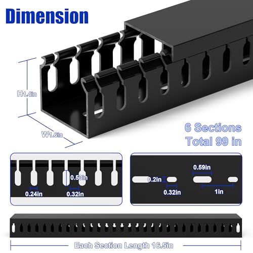 Image of 1.4 inchH x 1.6 inchW Cable Raceway, 99in Under Desk Wire Management Channel, Black | Slotted Wire Duct, 6Pack, 16.5in Each, Heavy-Duty PVC Cable Management for Server Racks, Network Cables & Electrical Cabinets