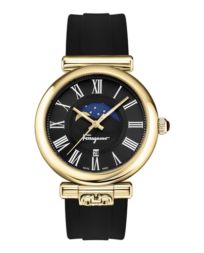 Ora Moonphase Collection Luxury Womens Watch Timepieces with a Black Strap and Dial Featuring a Gold Case