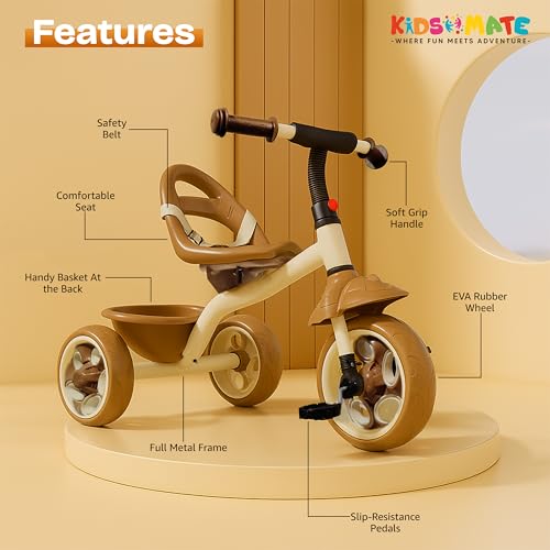 Image of Kidsmate Starlight Premium Tricycle for Kids 2 to 5 yrs | Trikes for Boys & Girls | Baby Cycle with Eva Wheels, Bell and Toy Basket | Ride-On Bike in Elegant Caramel Color | Max User Weight 30kg