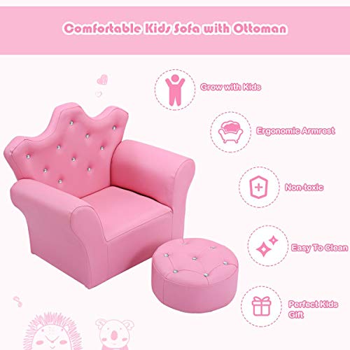 HONEY-JOY-Kids-Sofa-Children-Princess-Upholstered-Couch-Armrest-Chair-with-Ottoman-PVC-Leather-Embedded-Crystal-Toddler-Bedroom-Furniture-for-Baby-Girl-Pink HONEY JOY Kids Sofa Children Princess Upholstered Couch Armrest Chair with Ottoman PVC Leather Embedded Crystal Toddler Bedroom Furniture for Baby Girl Pink
