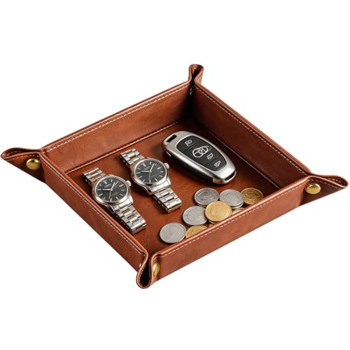 Image of YAPISHI Light Luxury Valet Tray for Men, PU Leather Vanity Jewelry Tray & Decorative Perfume Catchall, Folding Travel EDC Dump Tray, Nightstand Organizer Caddy for Keys, Watches, Coin Bowl Dish