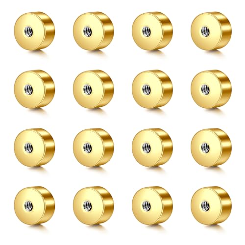 WillTen Lot de 16 fermoirs plats à vis pour boucles d'oreilles - 16 g - 3 mm - Vis de rechange pour boucles d'oreilles - Doré