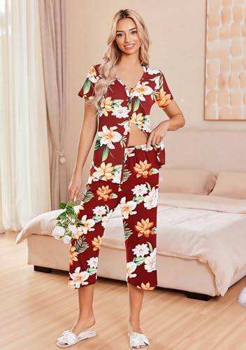 Image of Ekouaer Women's Pajama Sets Short Sleeve Sleepwear Button Up Pj Loungewear Top and Capri Pants with Pockets