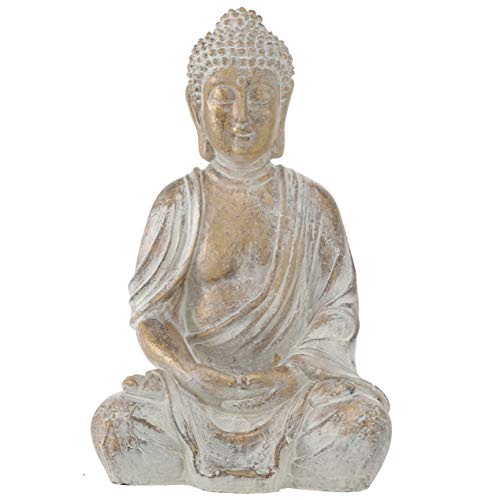 WHW Whole House Worlds Buda del templo dorado, pátina gris suave de 12.25 pulgadas de alto, Estatua sentada detallada, Reproducción de calidad de museo vintage, Resina fundida a mano Cover