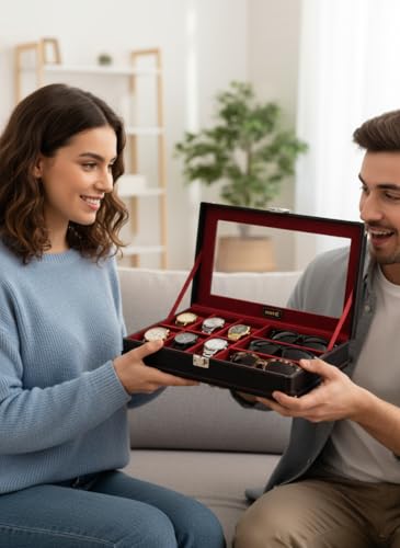 Image of BOXXO 12 Slot Watch Organizer Box for Men & Women - Premium PU Leather Watch Case (9-slots Black /Red)