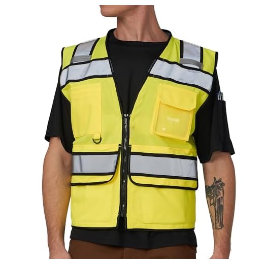 A-SAFETY High Vis Reflective Safety Vest for Men Women Zipper Ipad Pockets Mesh Construction Apparel Neon Vest for Work