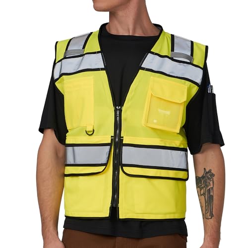 Image of A-SAFETY High Vis Reflective Safety Vest for Men Women Zipper Ipad Pockets Mesh Construction Apparel Neon Vest for Work