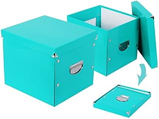 2 Pack Storage Box with Lid Large Cube Organizer Storage Box Foldable Storage File Box Collapsible Storage Boxes Decorative with Handle Cardboard Storage Cube for Office Desk Home Clothing Toy (Mint)