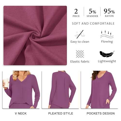 Bestbee Women's Pajama Set, 2 Piece Lounge Outfits V Neck Sleepwear Fall Long Sleeve Long Pants With Pockets Ladies Pjs4