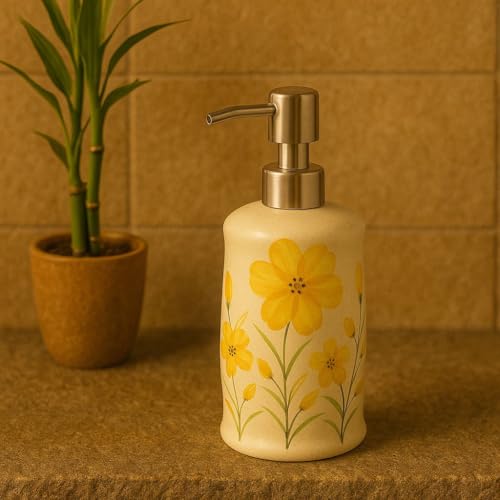 Image of Ceramic Soap Dispenser 330ml (Set of 1) | Flower Design Refillable Hand Wash, Lotion & Liquid Soap Pump Bottle | Premium Ceramic Bathroom, Kitchen & Vanity Accessory | Yellow