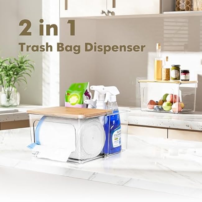Trash Bag Dispenser Holder - 2 in 1 Clear Acrylic Plastic Garbage Bags Container With Bamboo Lid Storage Box for Kitchen Pantry Laundry Room Organization, Large Trash Bag Organizer Under Sink