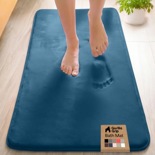 Image of GORILLA GRIP Memory Foam Bath Mat, Soft Absorbent Velvet Bathroom Mats, Durable Dots on Underside, Machine Washable Bathmat, Carpet Rug Room Decor for Shower Tub Floor RV, 48x24 Rugs, Blue