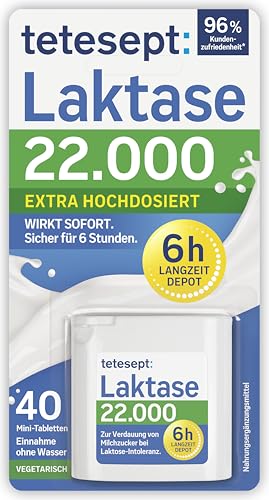tetesept Laktase 22.000 – 1 Dose à 40 Stück – Laktasetabletten bei Laktoseunverträglichkeit – Nahrungsergänzungsmittel mit Sofortwirkung & 6h Langzeit-Depot