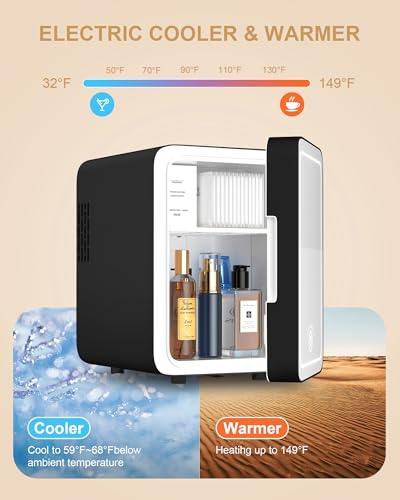 Image of CUTIEWORLD Makeup Fridge With Dimmable LED Light Mirror, 4L Mini Fridge for Bedroom, Car, Office & Dorm, Cooler & Warmer, Portable Small Refrigerator for Cosmetics, Skin Care and Food, Black