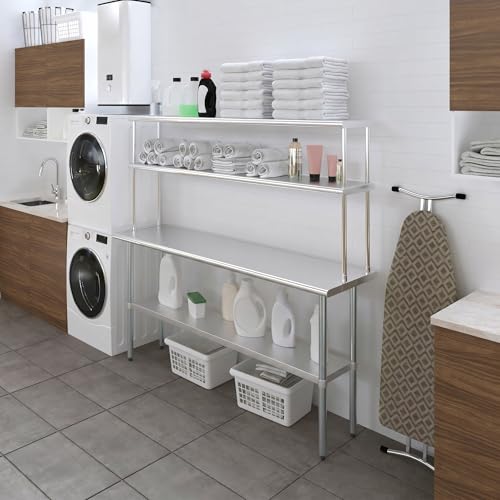 Image of AmGood Stainless Steel Work Table with 12 inch Wide Double Tier Overshelf | Metal Kitchen Prep Table & Shelving Combo | NSF (Stainless Steel Table with Double Overshelves, 72 inch Long x 18 inch Deep)