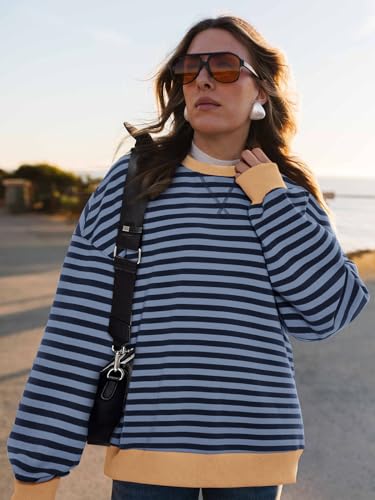 Image of PRETTYGARDEN Womens Striped Oversized Sweatshirt Color Block Crew Neck Long Sleeve Casual Loose Pullover Top Y2K Clothes