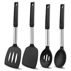 Silicone Cooking Spatulas and Spoons, 4 Pack Heat Resistant Silicone Cooking Utensils Set, Non Stick Large Kitchen Silicone Spatula and Spoons for Cooking, Mixing, Serving, Draining, Black