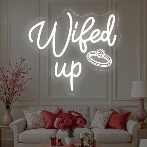 Image of Wifed Up Neon Sign, Funny Romantic LED Light with Engraving Ring for Valentine's Day, Wedding Decor Sign, Bedroom, Party Decor, Couple Space 11.8″ x 10.6″