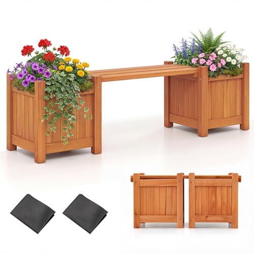 COSTWAY Blumenkasten mit Gartenbank, Holzbank mit 2 seitlichen...