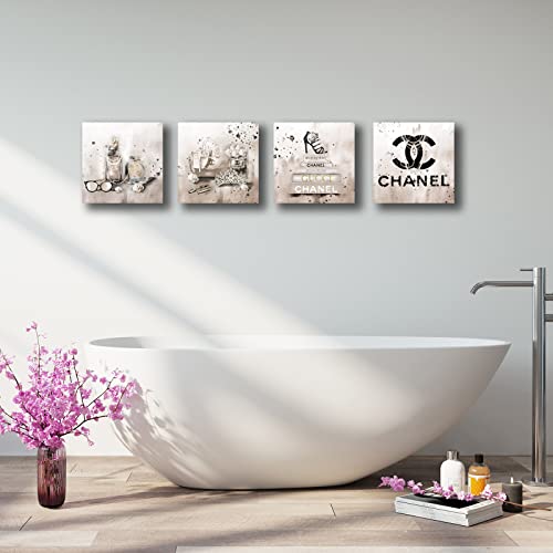 Image of Meetdeceny Beige Canvas Prints Artwork Fashion Bedroom Wall Decor Girls Handbag Wall Art for Living Room Perfume Wall Decorations Painting Art 10 inchx 10 inchx 4 Pieces