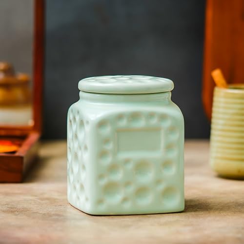 Image of Ceramic Storage Jar with Lid for Kitchen 800 ml | Decorative Ceramic Container for Tea, Coffee, Sugar, Spices, Cookies & Snacks | Multipurpose Countertop Food Storage Canister for Home | Green